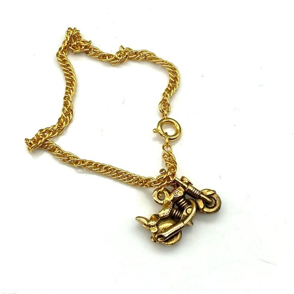 Vintage Chain Bracelet with Motorcycle Charm, Gold Tone Biker Babe - Picture 2 of 4